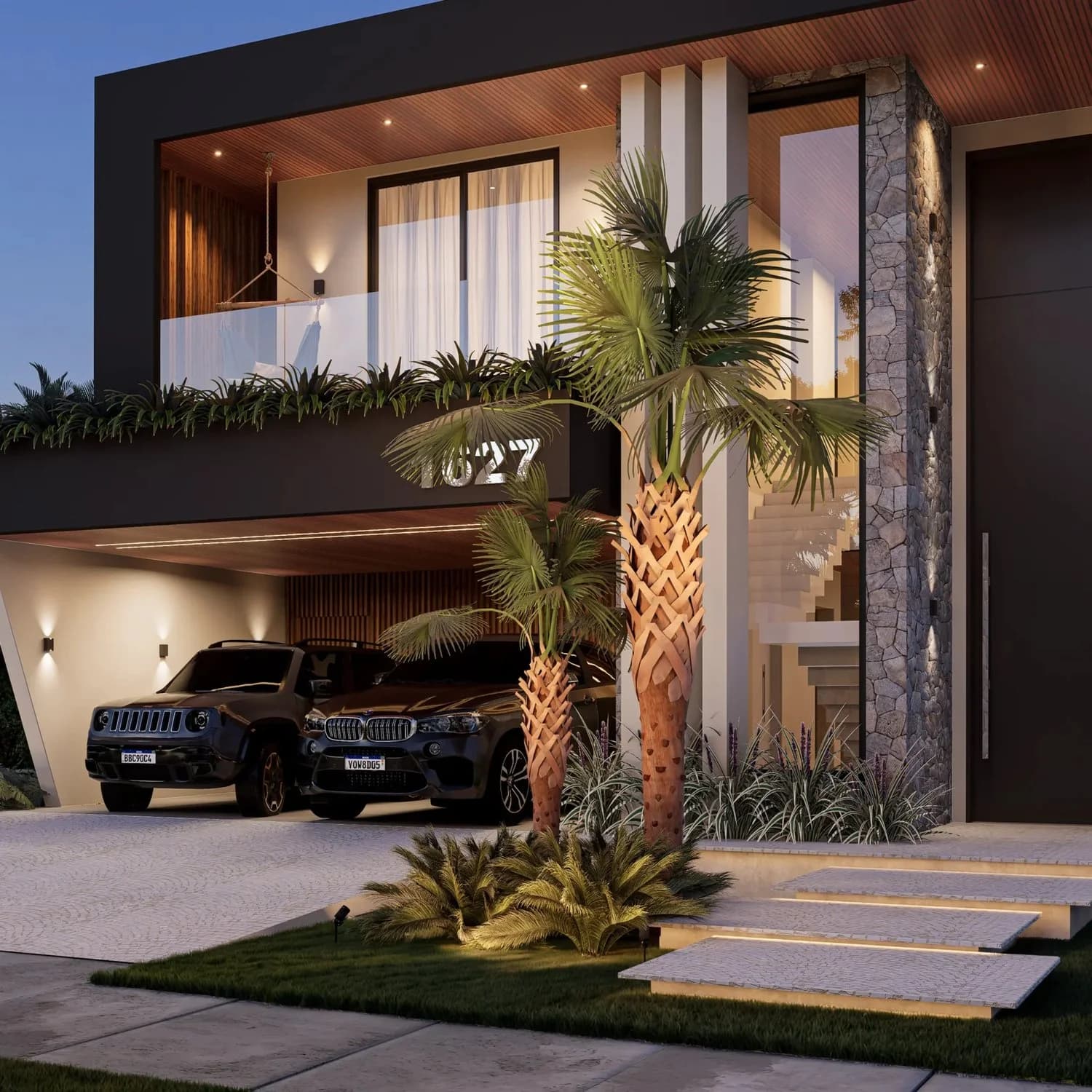 Residência projetada pela LN Arquitetura ao entardecer