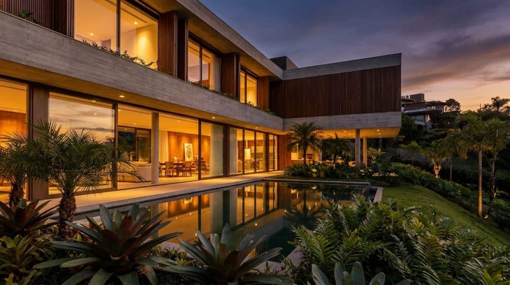 Fachada de casa de alto padrão contemporânea com grandes panos de vidro, iluminação quente e jardim integrado ao entardecer