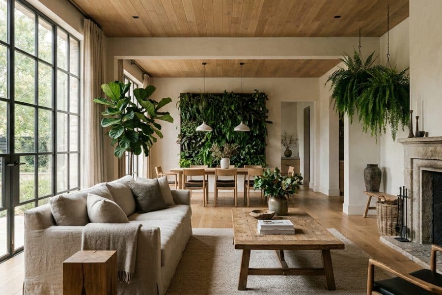 Interior residencial sereno de alto padrão com luz natural suave, madeira clara e plantas, atmosfera acolhedora