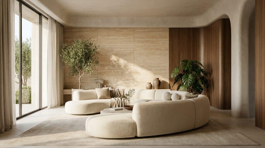 Sala de estar de alto padrão com pé-direito alto, luz natural difusa, mármore travertino, madeira natural e mobiliário escultural, sem pessoas