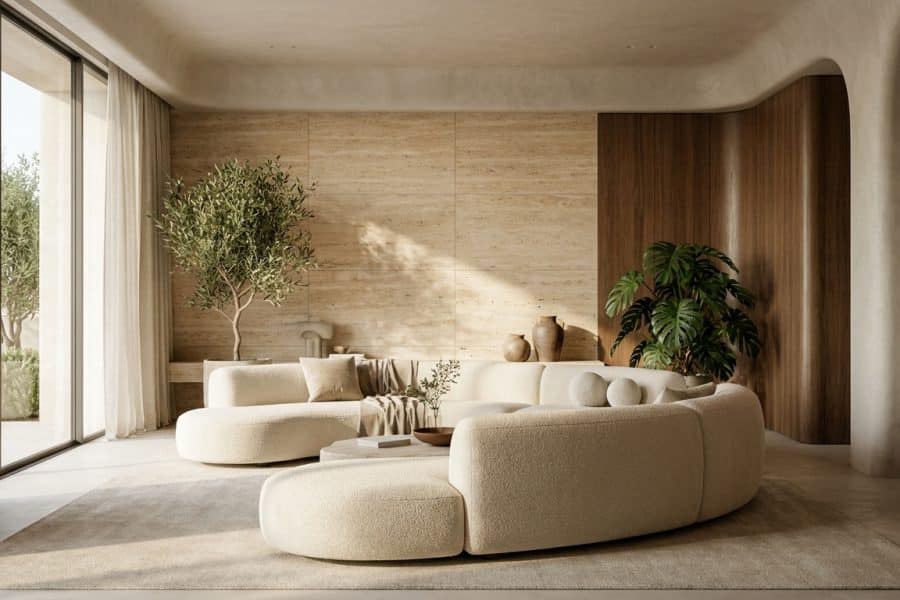Sala de estar de alto padrão com pé-direito alto, luz natural difusa, mármore travertino, madeira natural e mobiliário escultural, sem pessoas